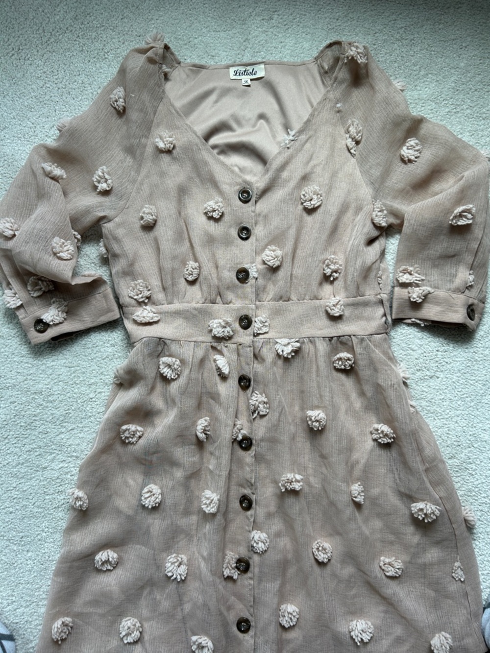 Listicle Boho Blush 3/4 Sleeve Button-Front Dress with Pom-Pom Details, Size L - Picture 7 of 12